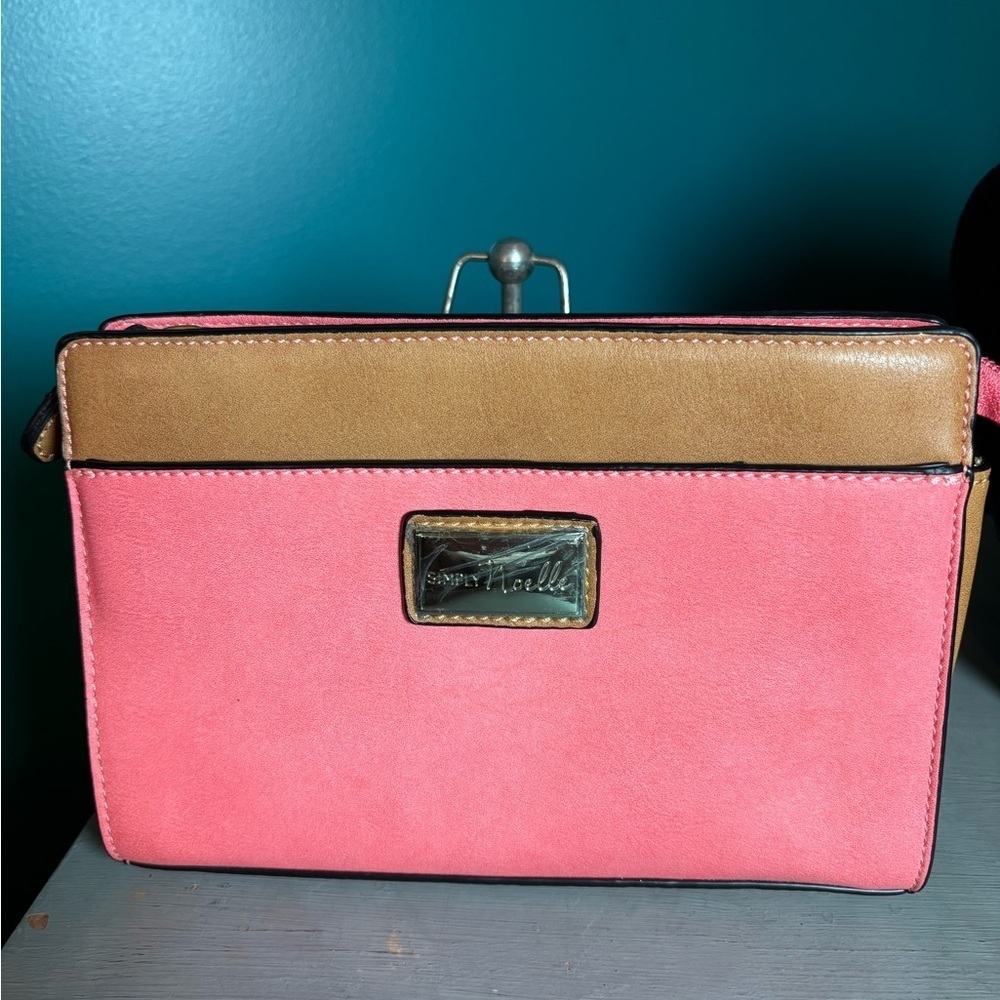 Simply Noelle Pink and Tan Clutch Crossbody with Sleek Design and Color Blocking